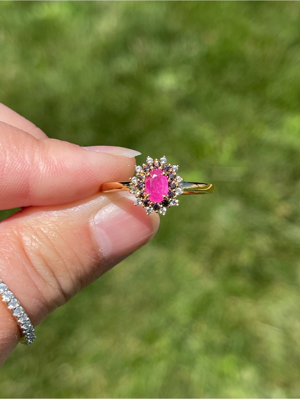 Ruby and Multi Colored Zircon Halo Ring